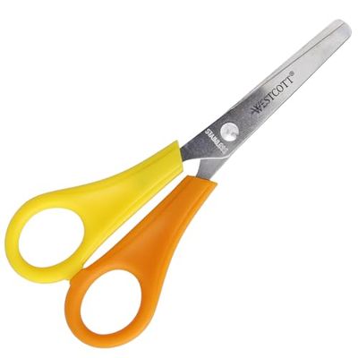 Westcott Kinderschaar, geel, linkshandigen, schaar met geïntegreerde schaal van 5 cm, knutselschaar 13 cm, ideaal voor kinderhanden, veiligheid door afgeronde punt, E-21593 00