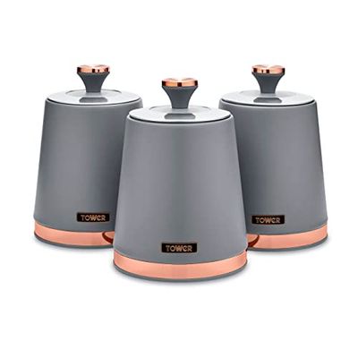 Tower T826131GRY Cavaletto-Set di 3 contenitori da Cucina, per tè, caffè e Zucchero, in Acciaio al Carbonio Resistente, Colore: Grigio, Canister Set, 3 unità