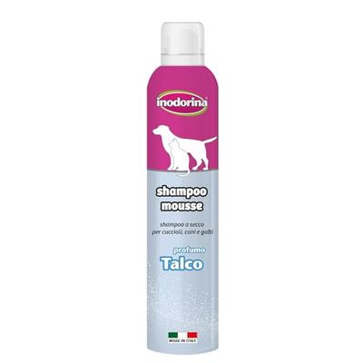 Inodorina, Shampoo Mousse a Secco, con Azione Emolliente e Detergente, Rispetta Il PH Naturale, Anche per Lavaggi Frequenti, Ideale per Cani, Gatti e Cuccioli, Profumazione Talco, 300 ml