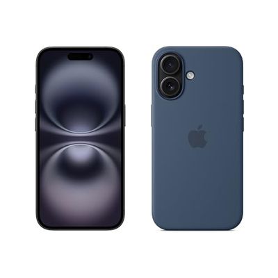 Apple iPhone 16 (128 GB) - Zwart + Siliconenhoesje met MagSafe - Denim