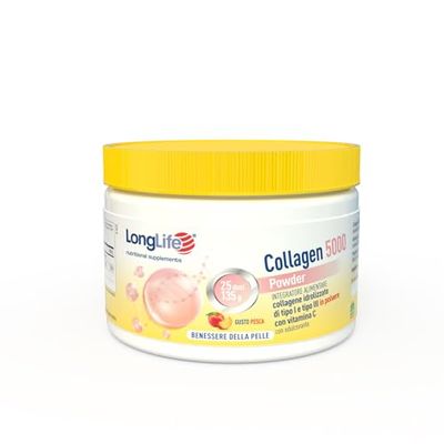 LongLife® Collagen 5000 Powder | Collagne idrolizzato di tipo I e III in polvere | Benessere della pelle | 25 dosi | Gusto pesca e senza glutine