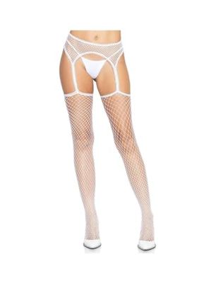 Leg Avenue Women's Industrial Net Stockings with Scalloped Trimmed Attached Garter Belt Costume Hosiery, White, One Size