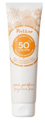 Polåar – Solskydd – solskyddsmedel med mycket hög skyddsfaktor SPF50+ – ansikts- och kroppsmjölk lämplig för känslig hud, parfymfri, inte fet – vegan, Made in France – 150 ml