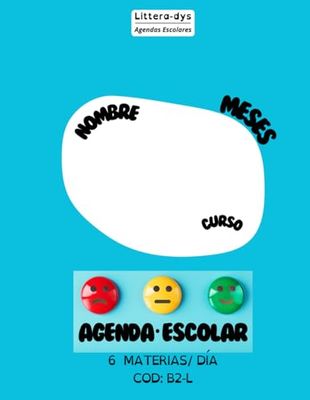Agenda Escolar: 6 materias/día. 1 día/página. 62 días totales. Código pauta Littera-dys: B2-L. Papel color Crema. Tamaño A4.