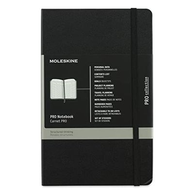 Moleskine Pro anteckningsbok, professionell kontorsanteckningsbok, hårt skydd och elastisk stängning, 124 sidor, stort format 13 x 21 cm, färg svart