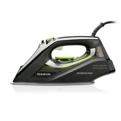 Taurus Stoomstrijkijzer 3000 W vermogen, stoomslag van 200 g/min, met nauwkeurige tip, ECO-positie, geanodiseerde zool, glijdend, antikalksysteem, waterspray, kleur zwart