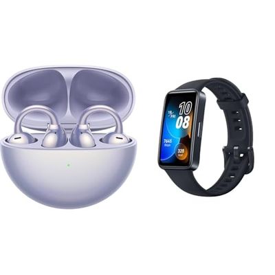 HUAWEI FreeClip, innovativ klippdesign, intensiv öppen öronlyssningsupplevelse, tysk version, lila & Huawei Band 8 Smartwatch, ultratunn design, sömnspårning, tysk version, midnattssvart