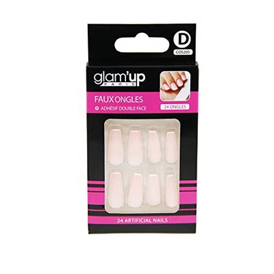 Glam’Up Paris - Faux Ongles - Pleine Couverture - Facile à Utiliser - 24 Faux Ongles par Boîte + Adhésifs Double Face - Forme Ballerine XL - Faux Ongles Cercueil - N°205 - French Manucure Fine