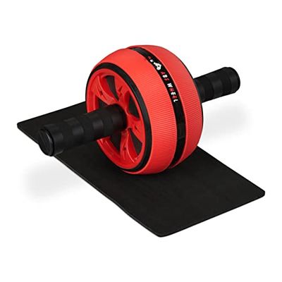 Relaxdays Abdominal Roller, Core Trainer for Home and Gym, Including Knee Mat, Non-Slip, Fitness Wheel, Red and Black, 16.5 x 30 x 16.5 cm