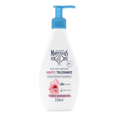 Le Petit Marseillais | Lait Soin Apaisant Haute Tolérance Fleur d'Amandier Bio (flacon-pompe de 250 ml) – Lait corps pour peaux sèches et sensibles – 95% d'origine naturelle et 48 h de confort