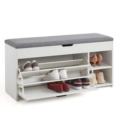 Meerveil Stojak na buty na buty, uchwyt na buty z wieloma przestrzeniami do przechowywania w stylu przemysłowym, drewniany do wejść i korytarzy, L100 x 30 x A52 cm, biały