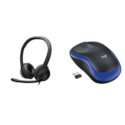 Logitech H390 Wired Headset for PC/Laptop, Stereo Headphones with Noise Cancelling Microphone & M185 Wireless Mouse, 2.4GHz with USB Mini Receiver, 12-Month Battery Life