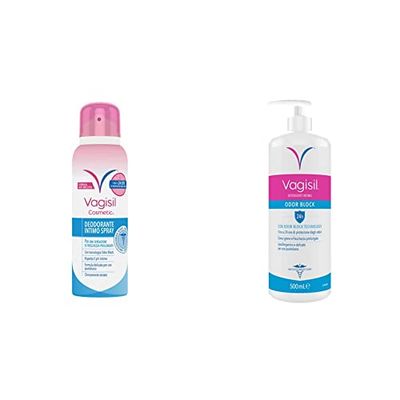 Vagisil Deodorante Intimo Spray Donna 125 ml & Detergente Intimo Odor Block 250 ml, Igiene Intima, Sapone Intimo Donna, Freschezza Prolungata Fino 24 Ore, Rispetta il pH, Per Uso Quotidiano