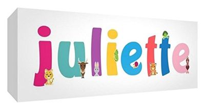 Little Helper canvas Box Galerie verpakt met gekleurd front paneel illustratieve stijl met de naam meisjesnaam Juliette 30 x 84 x 3 cm groot