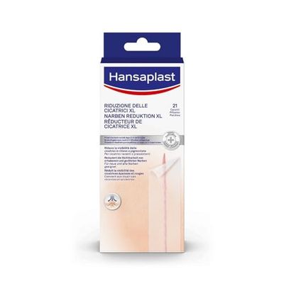 Hansaplast Cerotti Riduzione delle Cicatrici XL, Hansaplast cerotti cicatrici grandi, trasparenti e discreti per cicatrici recenti o preesistenti, 1 confezione da 21 pezzi da 3 x 14,6 cm