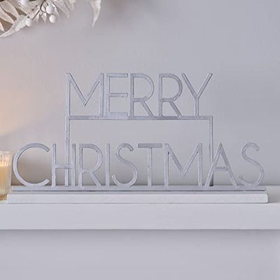 Ginger Ray Merry Christmas Metalen en Houten Mantle Woondecoratie, Wit, Zilver