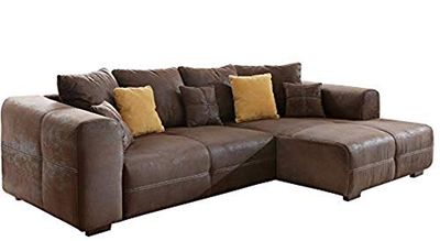 Cavadore Mavericco Sofá de canto acolchoado com almofadas, feito de microfibra, com acabamento de efeito couro envelhecido, pernas de madeira, chaise longue à direita, medidas de 285 x 69 x 170 cm e