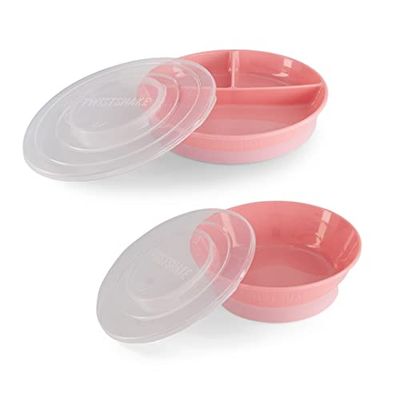 Twistshake Barnservis Set | 3-delad tallrik + Barnskål | BPA-fri Barntallrik och Barnskål | Matträningskit för barn | Babytallrik och Babyskål | Bebisprodukter | Rosa