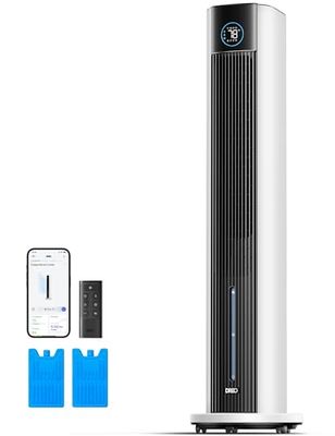 Dreo Evaporative Air Cooler, 43” Cooling Fans that Blow Cold Air, 80° Oscillating, Removable Water Tank, Ice Packs, Remote Control, 4 Speeds, 7H Timer, Swamp Cooler for Bedroom, White