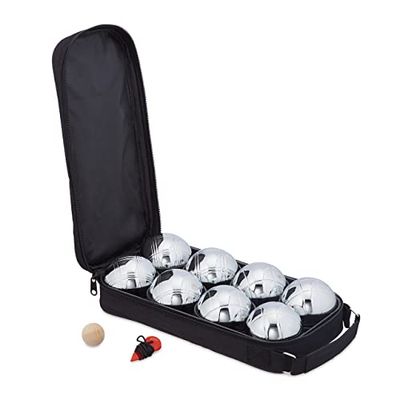 Relaxdays Set di Bocce da Gioco, 8 Sfere in Metallo, Boccino e Misuratore di Distanza, con Custodia, Argentato Nero, Acciaio