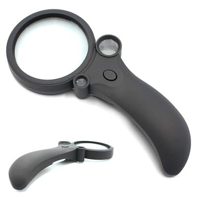 FISHTEC - Loupe à Main Éclairante 4 LED - 3 en 1 Loupe LED – 3X Grossissements Différents - 1 Lumière UV - Diamètre du Verre Loupe de Lecture 65 mm - Idéal pour la Lecture,Timbres, Artisanat - Noir