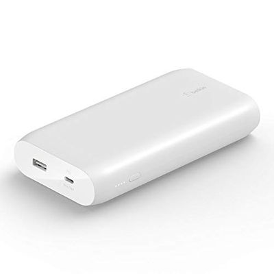 Belkin 20 000 mAh powerbank med snabbladdning, bärbar laddare med USB-C Power Delivery och 30 W USB-C och 12W USB-A portar, 20K resebatteripaket för MacBook, iPad, iPhone, Galaxy, Pixel m. fl. – Vit