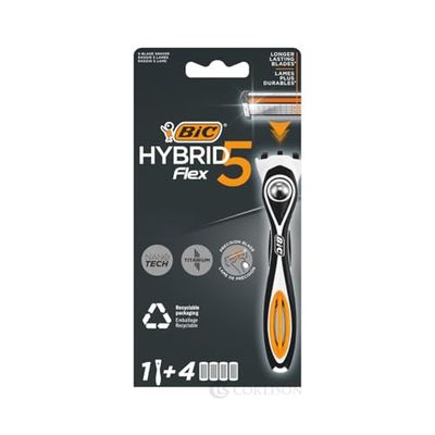 BIC Hybrid 5 Flex, rasoio ricaricabile da uomo, manico e ricariche, 5 lame in nanotech con rivestimento in titanio, confezione da 1+4