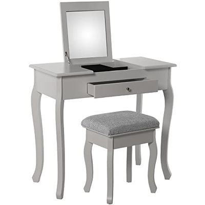 MESA TOCADOR MADERA BLANCO C/ESPEJO+BANK TAPIZADO PŁÓTNO GRI 80 x 40 x 74 cm BANK: 36,5 x 29 x 46 cm