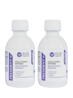 President KIT 2 COLLUTORIO DEFENSE ad azione Antimicrobica, Antiplacca e Lenitiva. Ideale per chi soffre di alitosi e come mantenimento dopo trattamenti con Clorexidina. 2X200ml