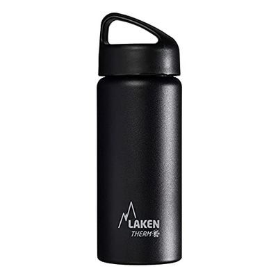 Laken klassieke thermische fles roestvrij staal 18/8, vacuümisolatie met dubbele wand en brede mond, zwart, 500 ml