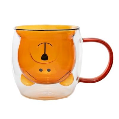 lachineuse - Cute Amber Bear Cup - Double-Walled Glass - with Handle - Capacity 275ml - Coffee, Tea, Hot Chocolate, Cappuccino - Japanese Decorative Mug - Japan Asia Gift Idea