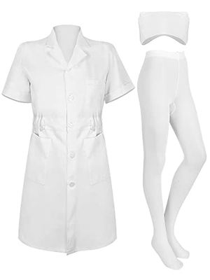 3 Stuks Set Witte Korte Mouw Professionele Medische Lab Jas Verpleegkundige Hoed Hoofdband Verpleegkundige Cap Effen Kleur Voet Panty Kostuum voor Vrouwen (M)