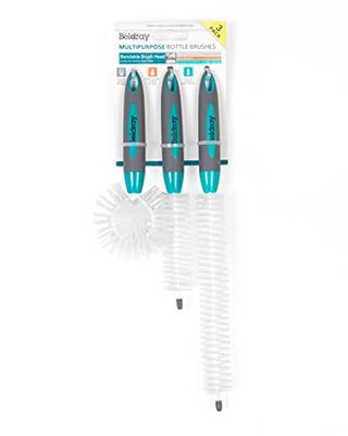 Beldray® LA082770EU7 3 Pack Bottle Brushes | Bendable Brush Head | Anti Slip Grip | Soft Bristles | Turquoise/White