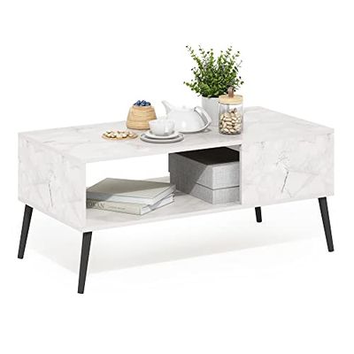 Furinno Couchtisch im Mid-Century-Stil mit Holzbeinen, drewno inżynieryjne, biały marmur, 50,01 (gł.) x 100 (szer.) x 45,01 (wys.) cm