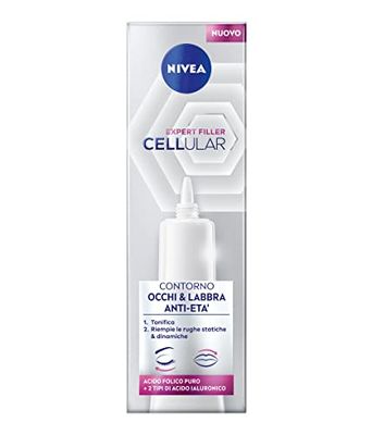 NIVEA CELLULAR EXPERT FILLER Contorno Occhi & Labbra Anti-Età 15ml, Crema contorno occhi e labbra rassodante, Contorno occhi antirughe e filler labbra con Acido Ialuronico e Acido Folico Puro