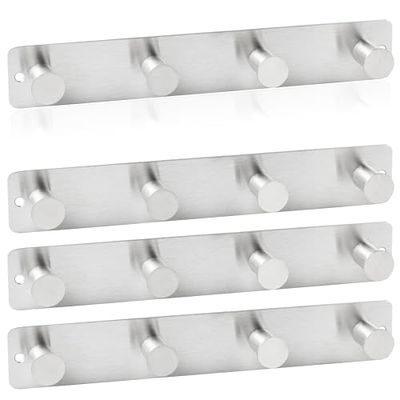 RICOO Roestvrij stalen garderobehaken MH025S-4x4, wandhaken, zilver, robuuste haaklijst voor wandmontage, 4 stuks, kledinghaken, garderobe in elegant design, veelzijdig inzetbaar, duurzaam en
