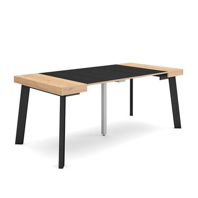 Skraut Home Uittrekbare consoletafel, eettafel, 180 cm, voor 8 personen, houten poten, moderne stijl, eiken en zwart