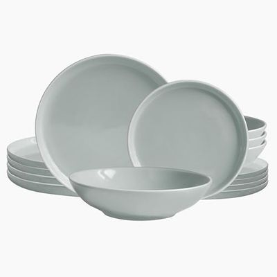 ECHTWERK Nerea 18-delad vintage matgrupp för 6 personer i pastellfärgat lergods med 6 middagstallrikar, 6 desserttallrikar, 6 sopptallrikar, grå