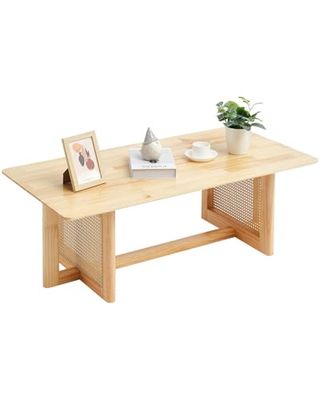 VEVOR Rattan Coffee Table, Rectangle Rattan Woven Wood Coffee Table with Rubber Wood Top, 47-Inch Modern Boho Storage Coffee Table with Natural Wood Legs, for Living Room, Bedroom & Small Spaces