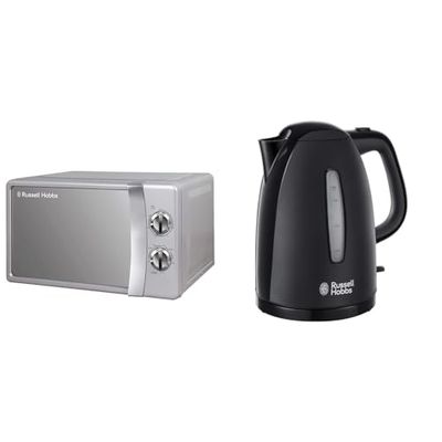 Russell Hobbs RHMM701S 17 Litre 700 W Silver Solo Manual Microwave with 5 Power Levels, Ringer & Textures Electric 1.7L Cordless Kettle (Fast Boil 3KW, Black premium plastic, matt