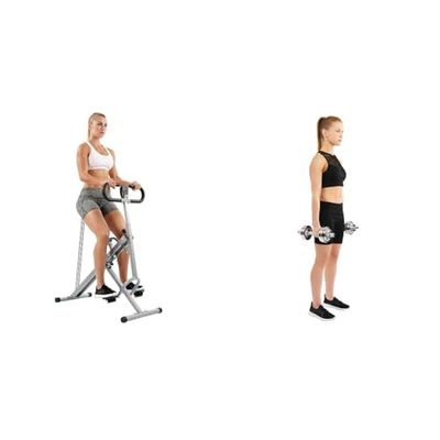 Sunny Health and Fitness Squat Assist Upright Row-N-Ride Rowing Machine, Horse Riding Machine + Adjustable 15 KG Dumbbell Set w/Carry Case, Space Saver, Secure Quick-Lock
