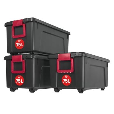 Iris Ohyama, Conjunto de 3 grandes caixas de armazenamento para bricolage, 75 l, com fecho de pressão, empilhável, garagem, jardim - Store it All Box SIA-75 - preto