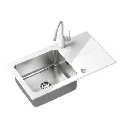 QUADRON Evier en verre Evier cuisine | Taille 77 x 44 x 19 cm, Couleur: Blanc | HUGH 111 Verre trempé Evier monocuve | Evier de cuisine simple en acier inoxydable | avec robinet de cuisine