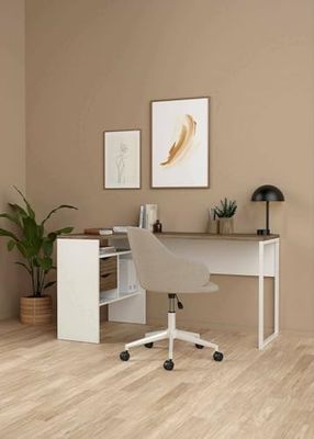 Dmora Corner Desk with Two Drawers, White and Oak, 145 x 76 x 81 cm