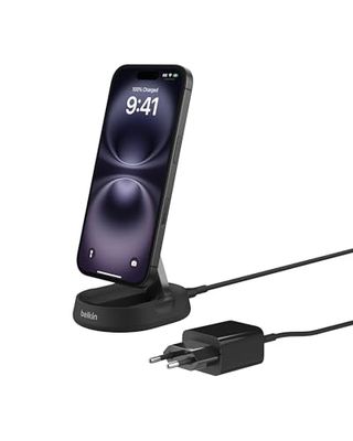 Belkin BoostCharge Pro chargeur sans fil magnétique et pliable, chargeur magnétique Qi2 15W, chargeur induction compatible MagSafe pour iPhone 16/15/14, AirPods, adaptateur secteur 20W inclus - noir
