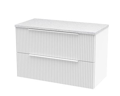 Hudson Reed DFF195LSW Fluted Modern Bathroom Wall Hung 2 Drawer Vanity Unit with Sparkle White Laminate Worktop, 800mm, Satin White