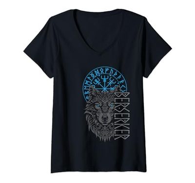 Mujer Brújula berserker y vikinga, diseño de lobo nórdico Camiseta Cuello V