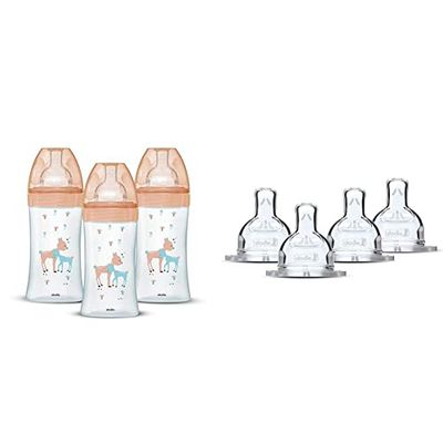 Dodie Lot de 3 Biberons Anti-Colique Sensation+ en verre, 270mL,0-6 Mois, tétine plate, Débit 2 & Lot de 4 Tétines Plates anti-coliques Sensation Débit 3 - rapide
