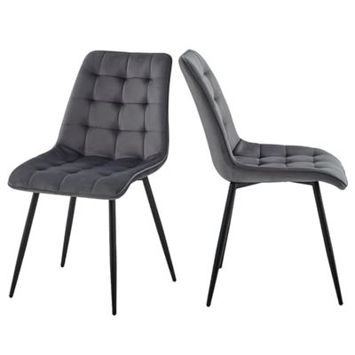 GrandCA HOME Lot de 2 chaises de Salle à Manger, en Plastique, avec Pieds en Bois, rembourrées en Velours, Fer éponge, Gris Clair