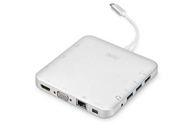 DIGITUS Estação de ancoragem multiporta - USB-C Dock 11 portas - HDMI mDP VGA, RJ45, 3 x USB 3.0 - porta de carregamento, leitor de cartões - prateado